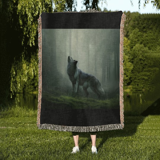 Howling wolf at midnight Woven Blankets