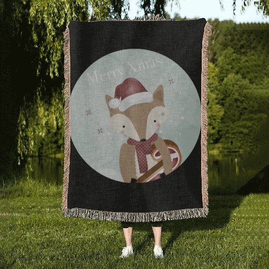 cute fox for Christmas with candy cane Woven Blankets