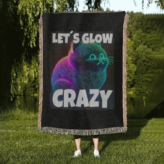 Lets Glow Crazy Cat Kitten Fluffy Cat Woven Blankets