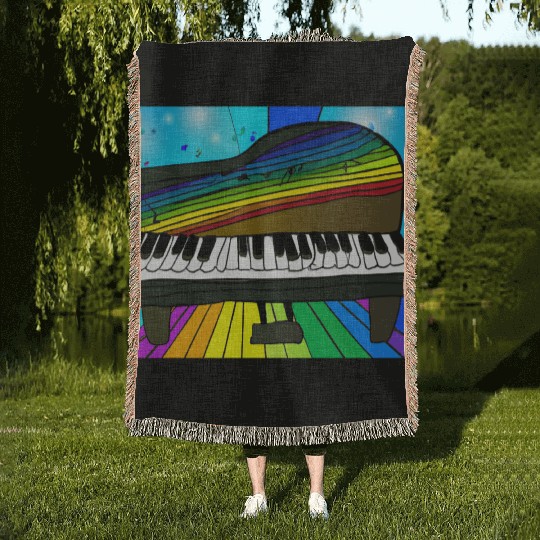 piano in front of a colorful rainbow Woven Blankets