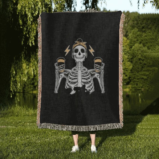 Skeleton Drink Tired Mom needs Coffee Woven Blankets