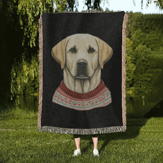 Festive Labrador Retriever in a Christmas Sweater Woven Blankets