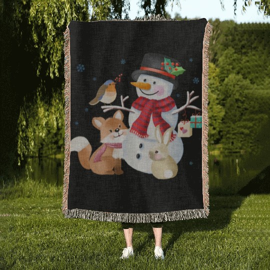 Snowman with fox, rabbit and robin Woven Blankets