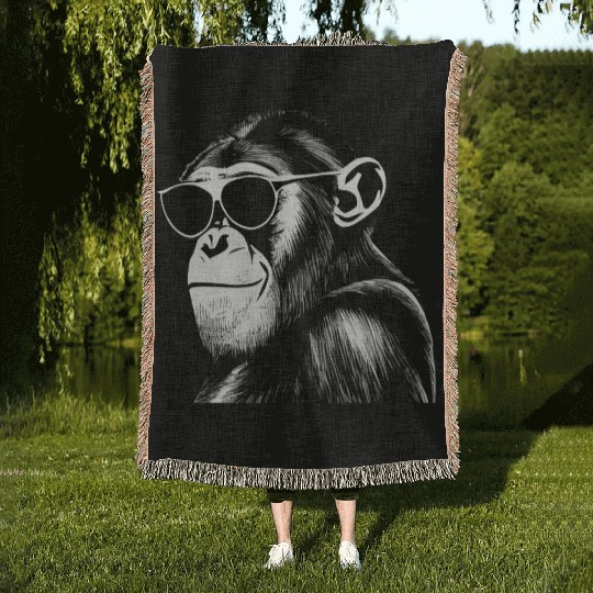 Chimpanzee with sunglasses Woven Blankets