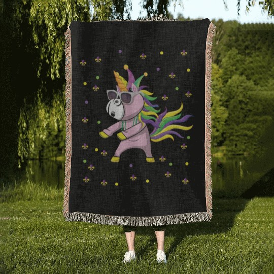 Unicorn Dancing Festival Parade Beads Mardi Gras Woven Blankets