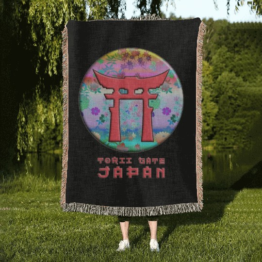 Torii Gate Shinto Japan Asian Floral Pattern Woven Blankets