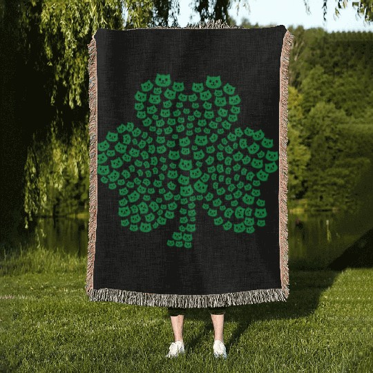 Womens cats Icon white Shamrock St. Patrick's Day Woven Blankets