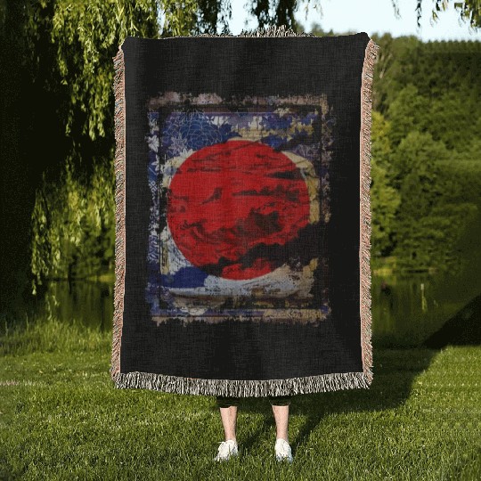 Japan Flag Red Circle Blue Mountain Collage Art 74 Woven Blankets