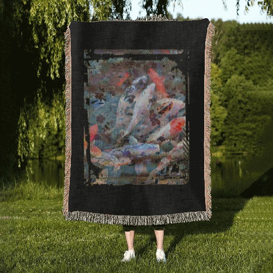 Japan Koi Fish Pond Collage Art 88 Woven Blankets