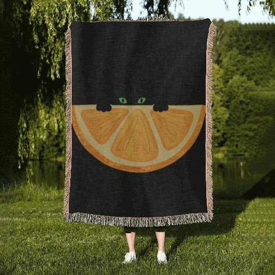 Are You see Me? Black Cat Hiding Behind Orange. Woven Blankets