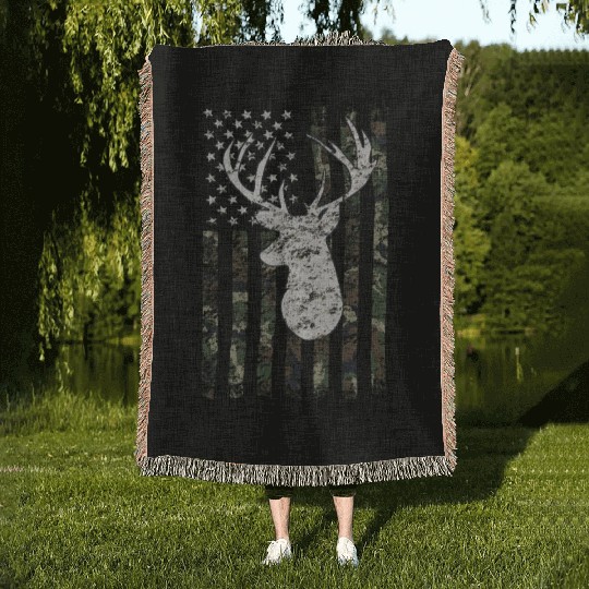 Buck Deer Hunting Camouflage Flag Hunter Woven Blankets