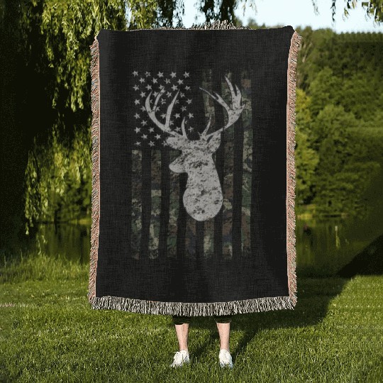 Buck Deer Hunting Camouflage Flag Hunter Woven Blankets
