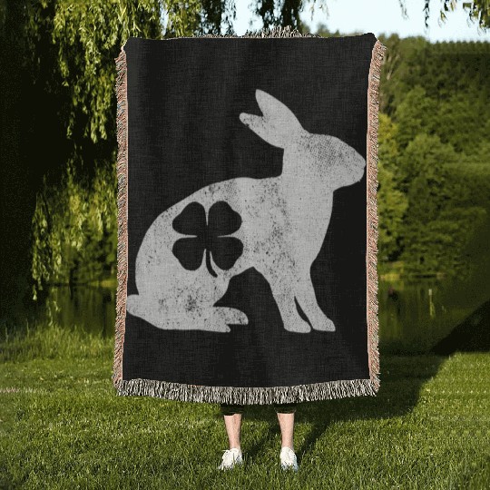 St Patrick's Day Rabbit Bunny Irish Green Shamrock Woven Blankets