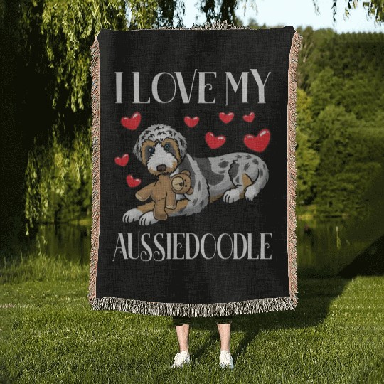 Aussiedoodle Dog With Stuffed Animal Woven Blankets