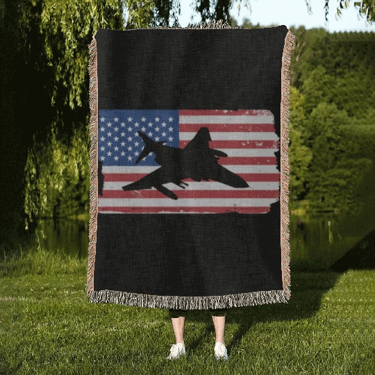 F-4 Phantom Fighter Jet American Flag F4 Phantom Woven Blankets