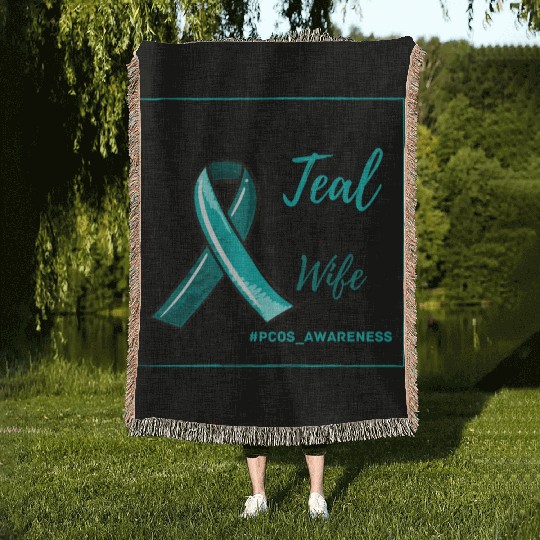 I Wear Teal For My Wife PCOS Teal Ribbon Awareness Woven Blankets