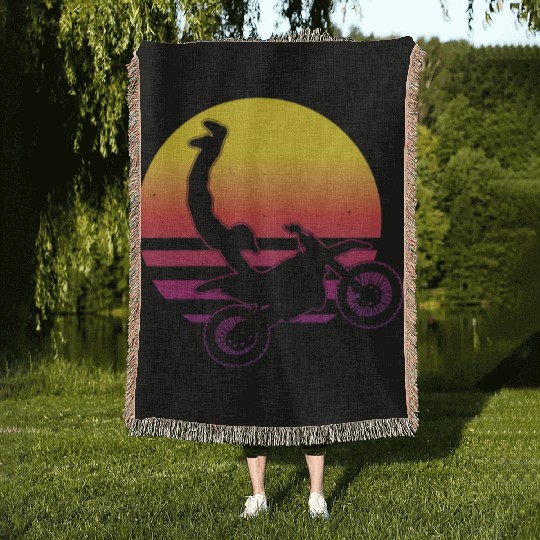 Motocross Jump Vaporwave Sunset Dirtbike Stunt Woven Blankets