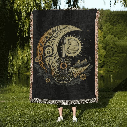 Cottagecore Acoustic Guitar With Moon, Sun, Stars Woven Blankets