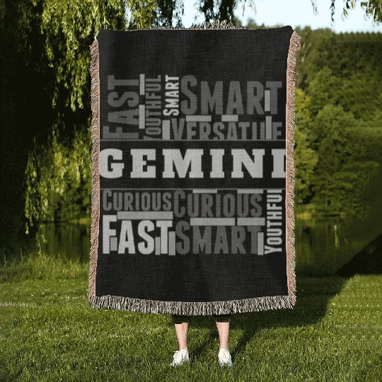 Gemini Zodiac Star Sign Word Cloud Square Monochro Woven Blankets