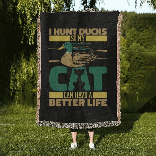 Duck Hunting Cat Woven Blankets