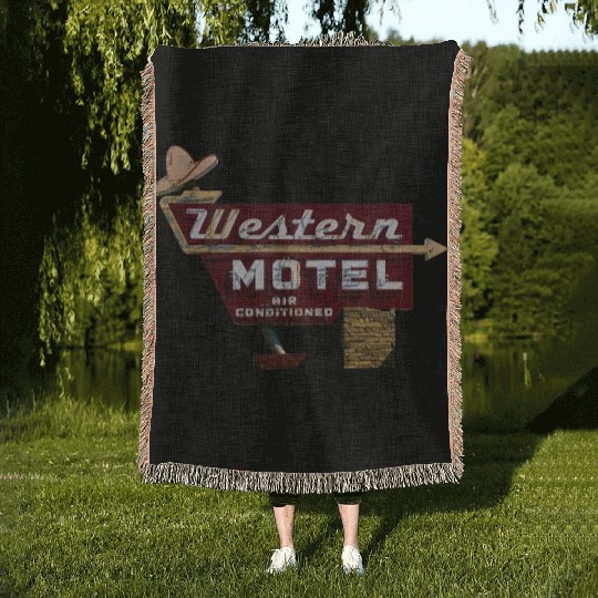 Route 66 Neon Western Motel Bethany Oklahoma Woven Blankets