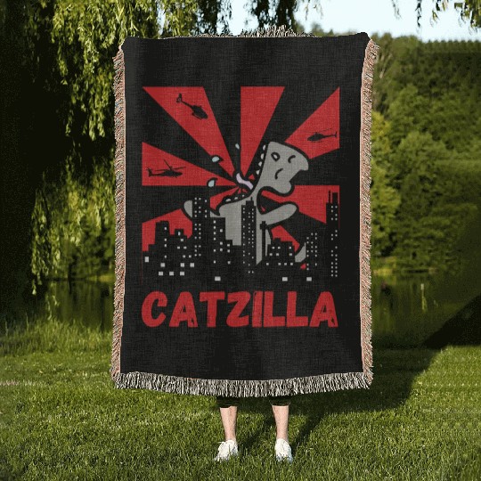 Catzilla funny cat Japanese Sunset Woven Blankets