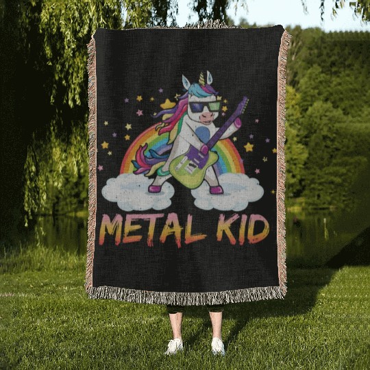 Metal Kid Music Guitar Unicorn Rainbow Heavy Rock Woven Blankets