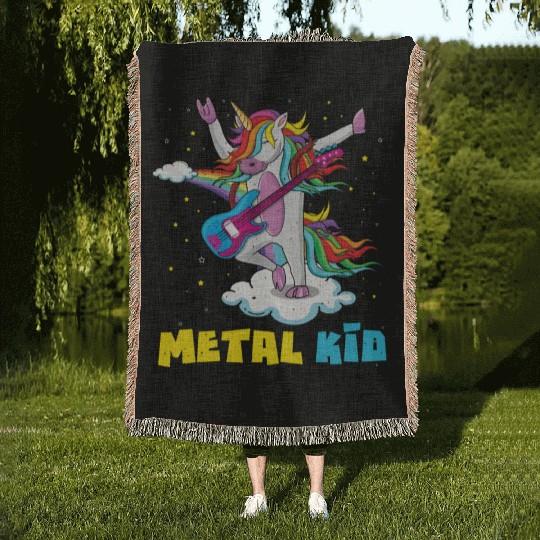 Guitar Unicorn Rainbow Metal Kid Music Rock Sign Woven Blankets