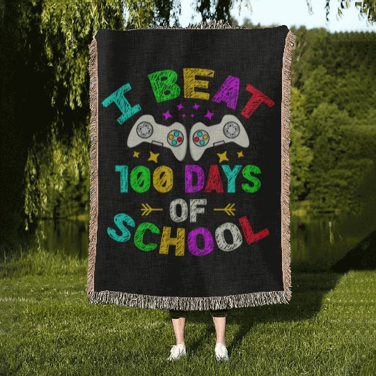 I Beat 100 Days Of School Video Game Player Kid Woven Blankets