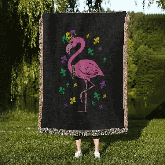 Jester Pink Flamingo Bird Animal Cute Mardi Gras C Woven Blankets