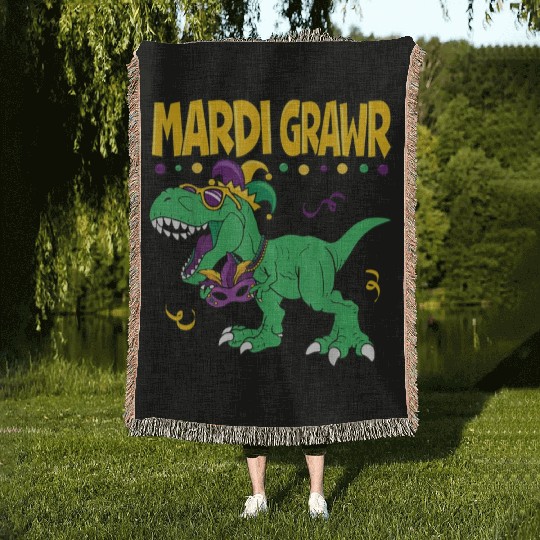 Mardi Grawr T Rex Dinosaur Mardi Gras Bead Kids Bo Woven Blankets