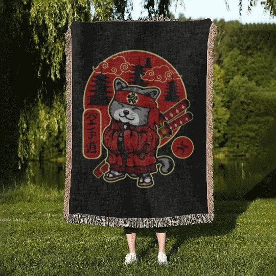 Samurai Cat Woven Blankets