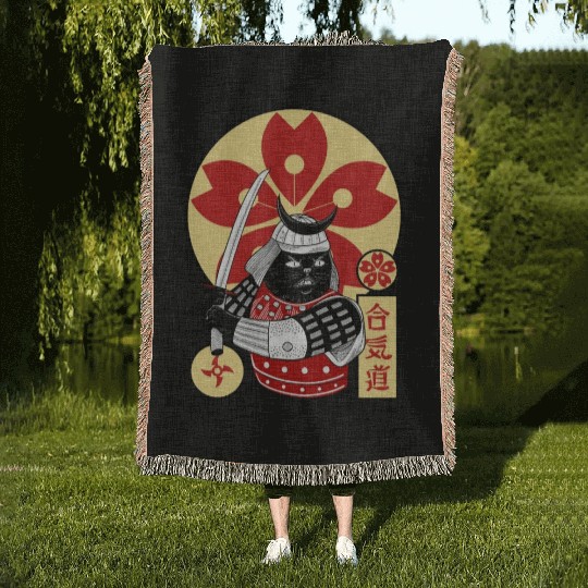 Samurai Cat Woven Blankets