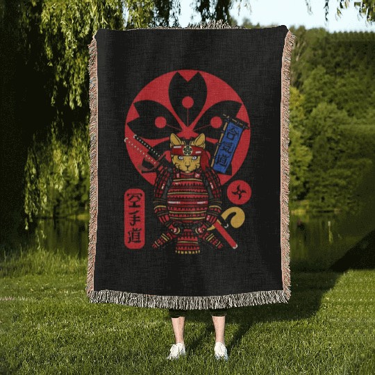 Samurai Cat Woven Blankets