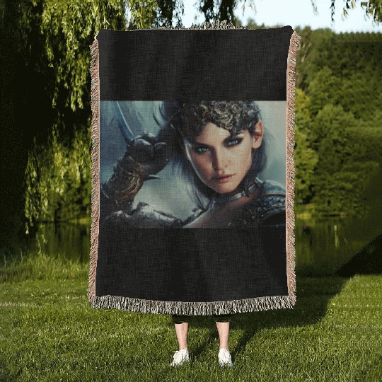 Warrior princess wearing gothic plate fantasy art Woven Blankets