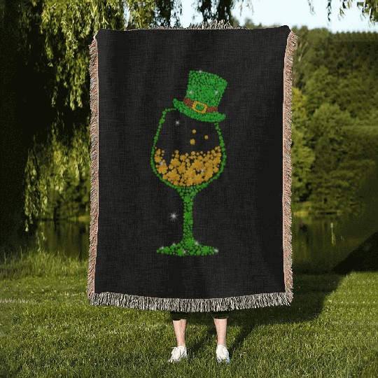 St Patricks Lucky Shamrock Wine Glass Woven Blankets