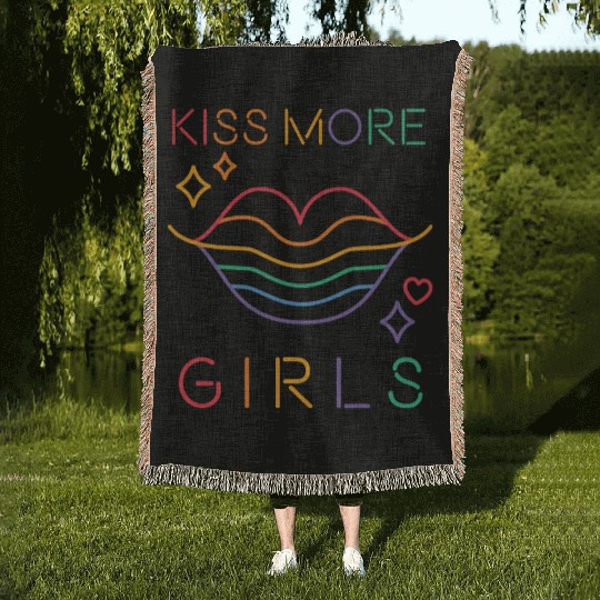 Kiss More Girls LGBT Cute Lesbian Lips Pride Month Woven Blankets