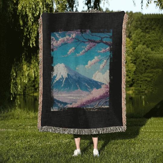 Japan Fuji Cherry Blossom Cherry Tree Woven Blankets