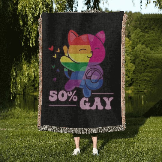50% Gay Bi Bisexual Pride Kawaii Cat Kawaii Woven Blankets