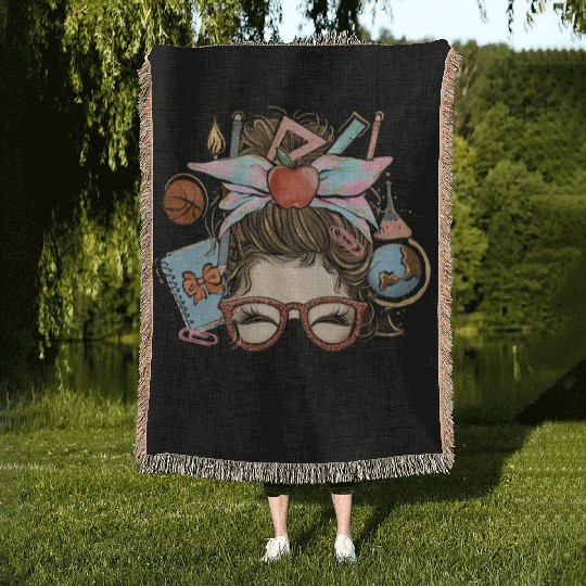 Messy Bun Teacher Life Sublimation Woven Blankets