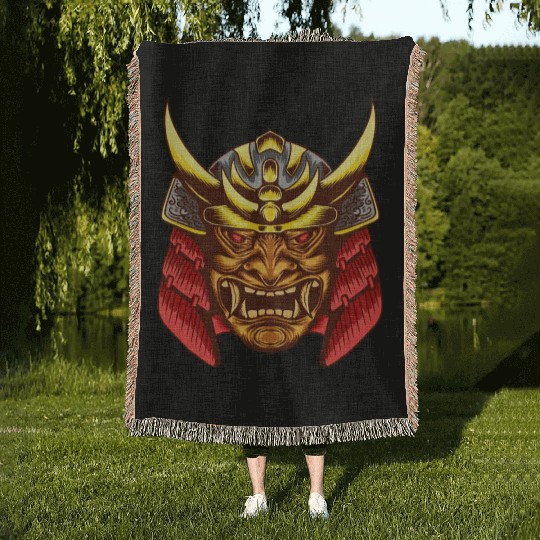 Japanese samurai warrior devil yellow and red mask Woven Blankets