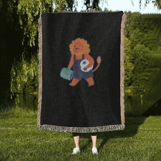 Lion goes to football training Woven Blankets