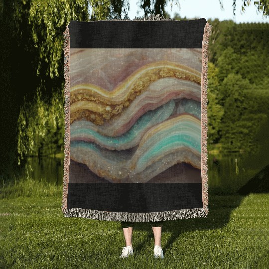 Pastel Pink Teal Agate Geode Stone Woven Blankets