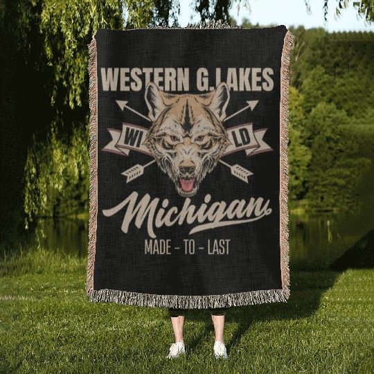 Western great lakes Michigan home of the wolf Woven Blankets