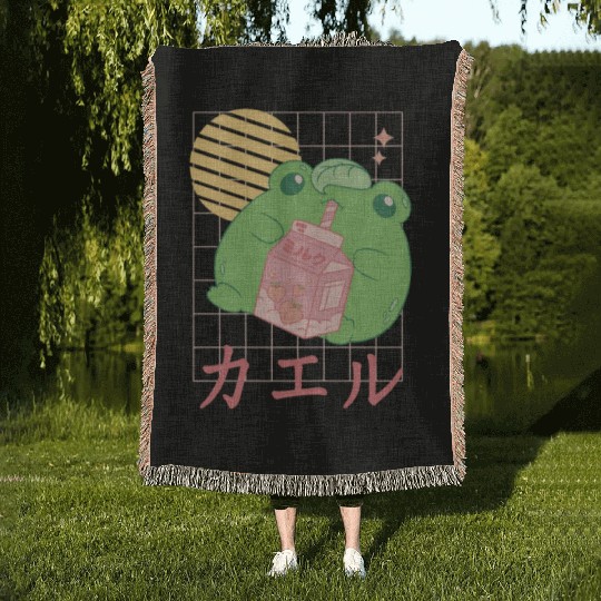 Strawberry Milk Frog Japanese Woven Blankets