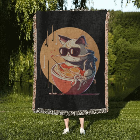 cat eating Chinese food,cute design for Meow lover Woven Blankets