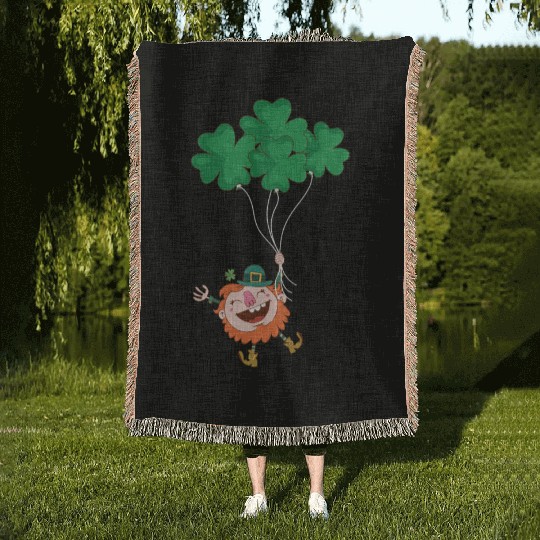 Lerechaun Hanging On Clover Balloons - St Patricks Woven Blankets