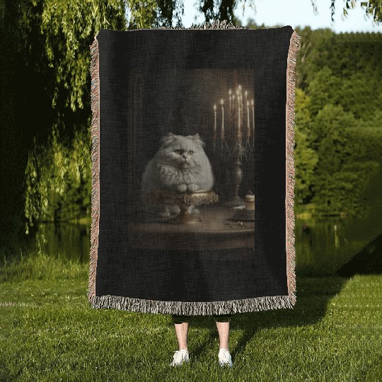 A white cat sitting on top of a table to cake Woven Blankets