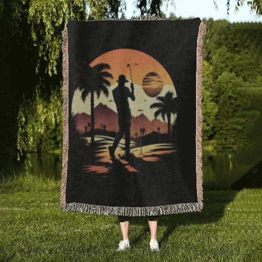 Golf Course Family Trip Cool Golfer In Sunset Woven Blankets