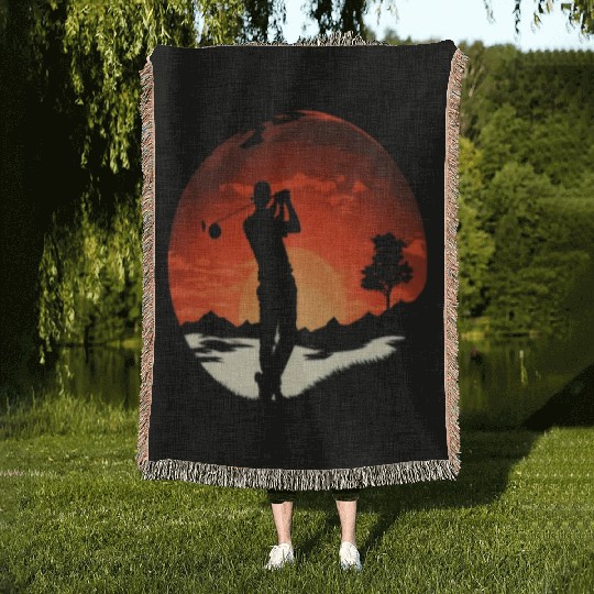 Golf Course Family Trip Cool Golfer In Sunset Woven Blankets
